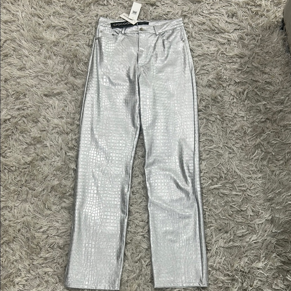 Naked Wardrobe Silver Croc-Embossed Pants